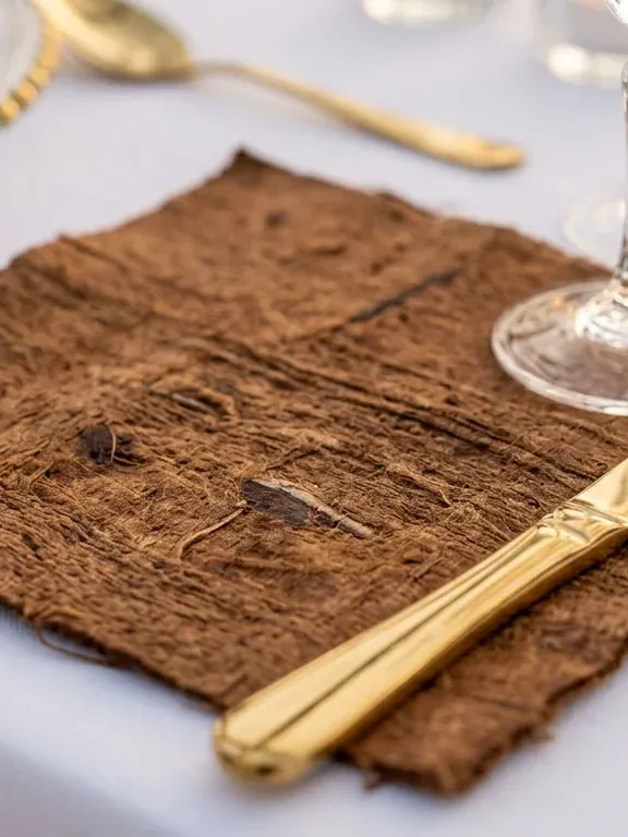 A square of lubugo bark cloth used as a placemat under a gold knife, beside a beaded charger and cut-crystal glasses on white linen.