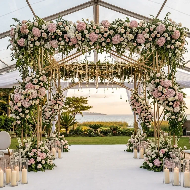 A tall arch massed with blush and white hydrangea over a white aisle, pillar candles down both sides.