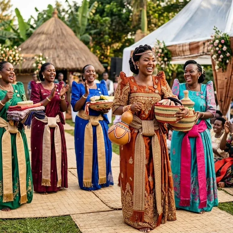 Women in gomesi carrying gifts in woven baskets along a matted walkway, seated guests clapping either side.