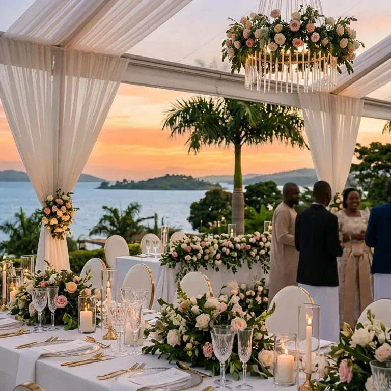 Long tables laid in white and gold under a clear-roofed marquee, the lake and a sunset behind them.