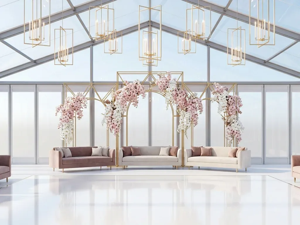 A bright marquee with a gold blossom arch and velvet sofas in dusty pink and cream on a polished floor.