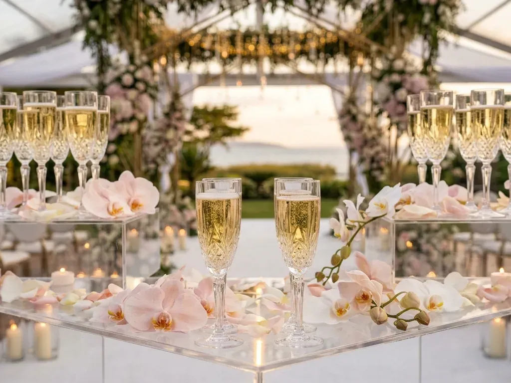 Crystal flutes of champagne on acrylic plinths scattered with blush orchid heads and tealights.