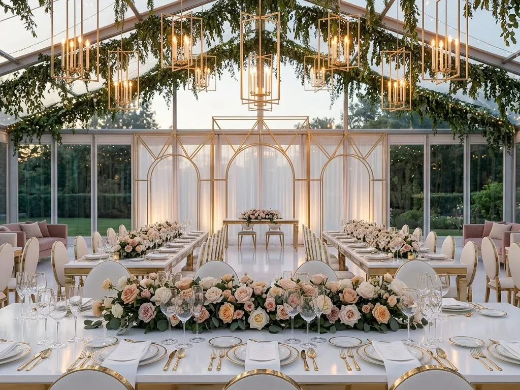 Long tables under a glass roof hung with gold lanterns and trailing greenery, blush roses down the centre.