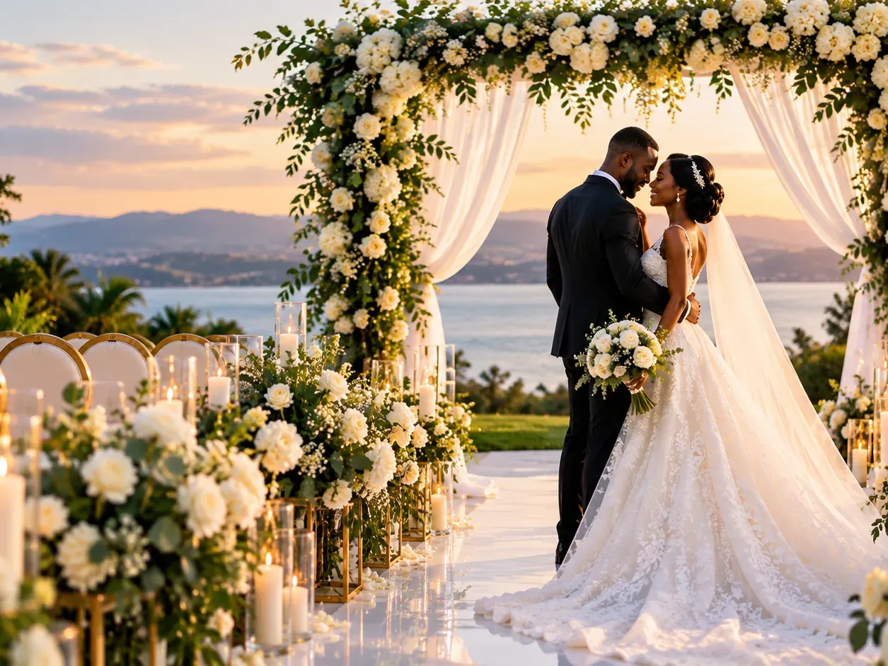 A square arch massed with ivory roses and greenery, draped in white, framing the lake behind it at sunset.