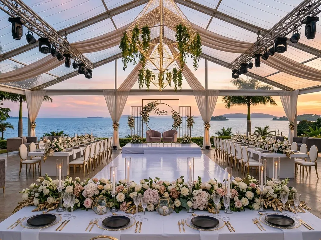 A clear-span marquee on a lakeside lawn at sunset, drapery gathered to the frame, a lit backdrop at the far end.