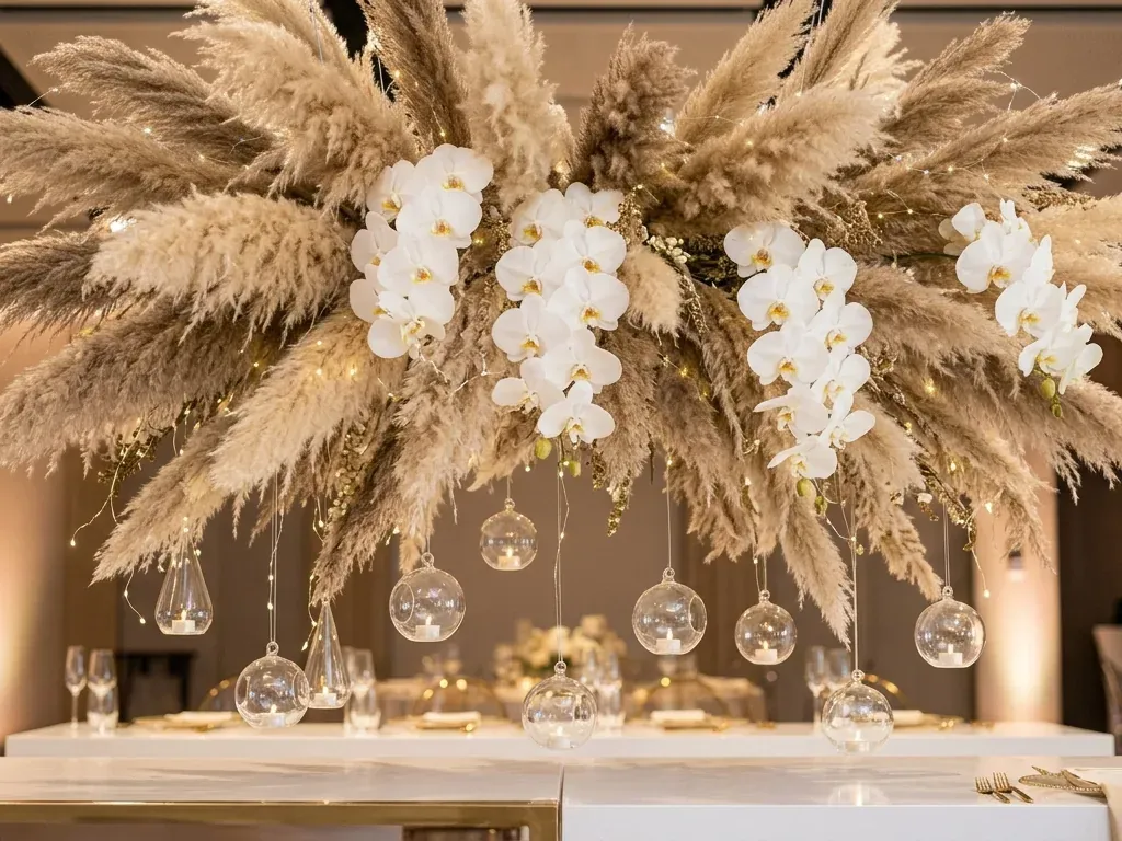 A wide suspended arrangement of pampas grass and white orchids over a top table, glass tealights hanging beneath.