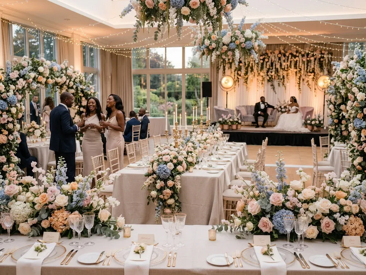 A ballroom dressed in blush and powder blue florals, long tables laid, a lit stage backdrop at the far end.